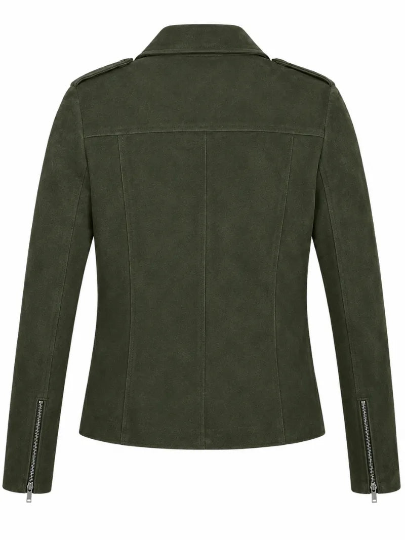 Women’s Olive Green Suede Leather Jacket Back 
