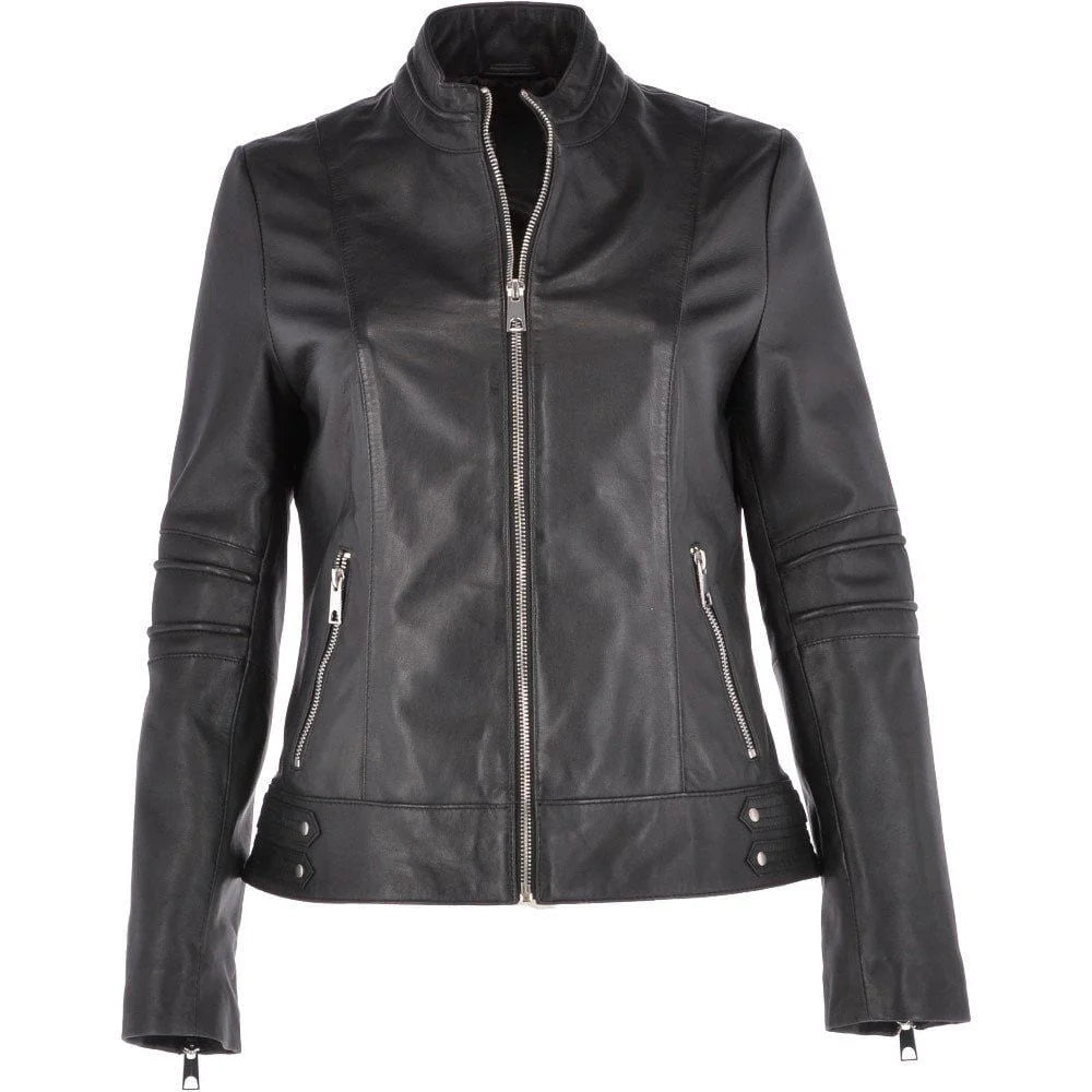 Women's Quilted Sleeve  Black Leather Jacket