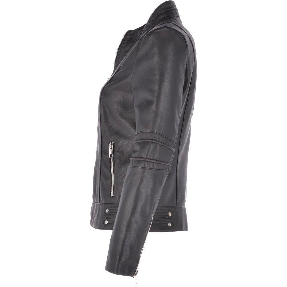 Women's Quilted Sleeve  Black Leather Jacket