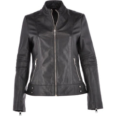 Women's Quilted Sleeve  Black Leather Jacket