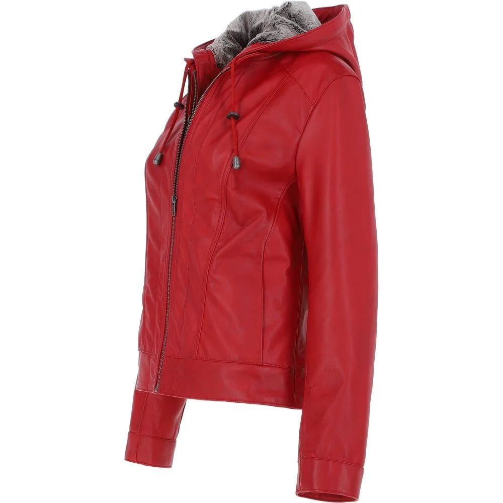 Women's Red Fur-Lined Hooded Leather Jacket