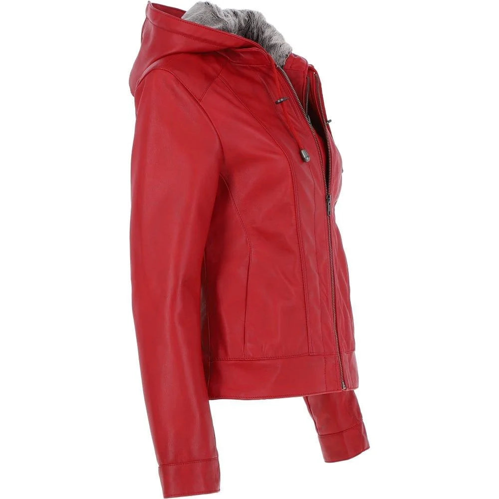 Women's Red Fur-Lined Hooded Leather Jacket