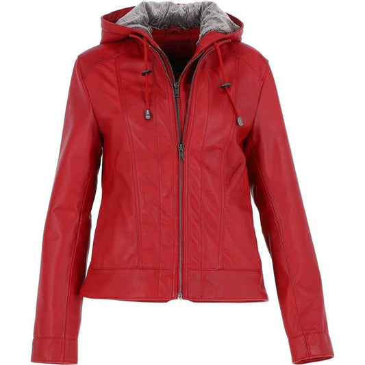 Women's Red Fur-Lined Hooded Leather Jacket 