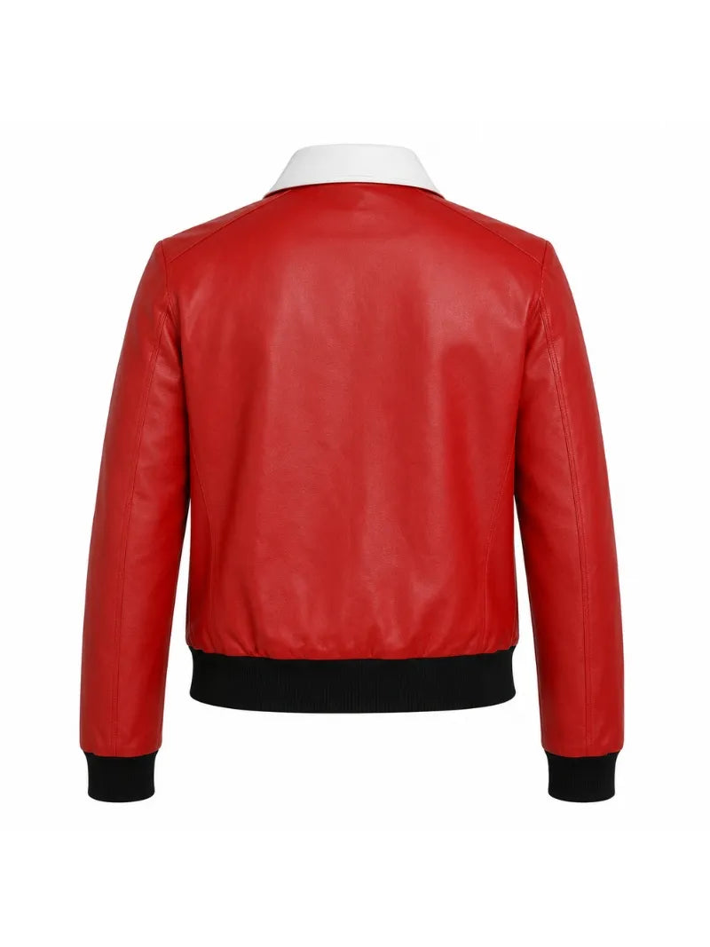 Women's Red Leather Jacket with Contrast White Collar Back 