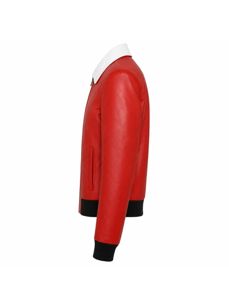 Women's Red Leather Jacket with Contrast White Collar Left 