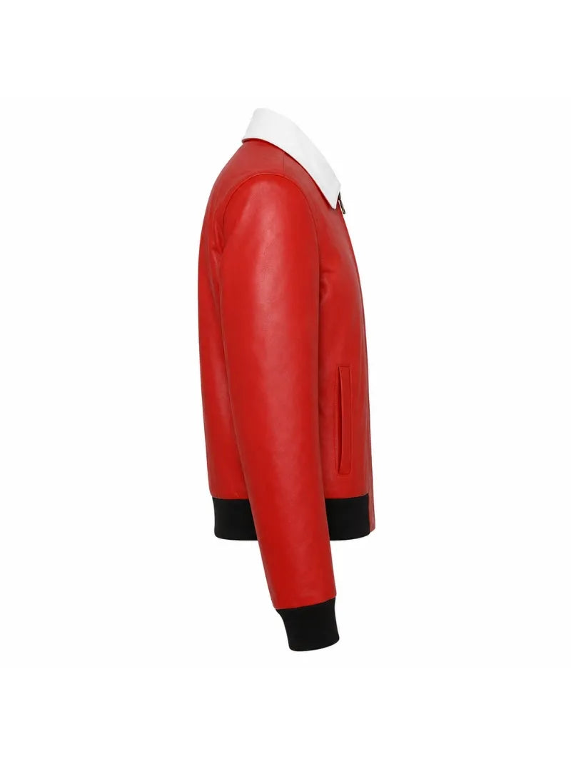 Women's Red Leather Jacket with Contrast White Collar Right 
