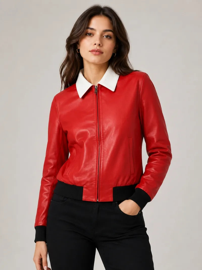 Women's Red Leather Jacket with Contrast White Collar Full