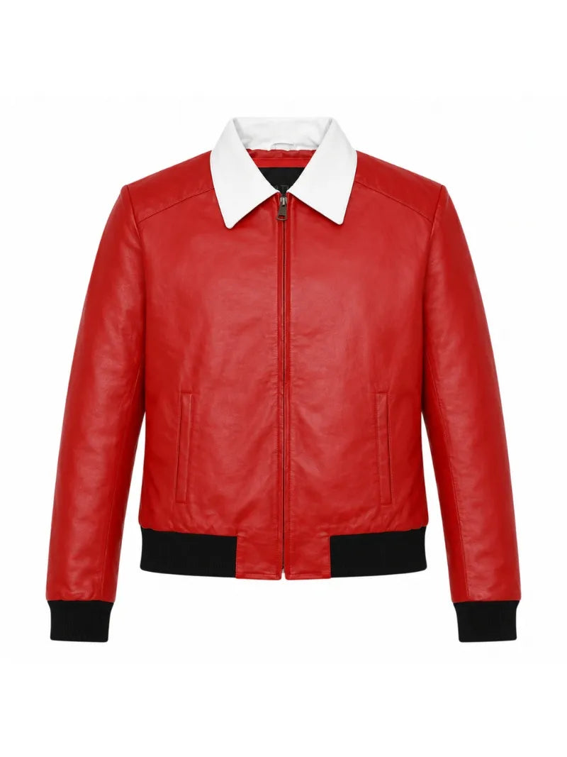Women's Red Leather Jacket with Contrast White Collar Front 