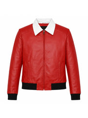 Women's Red Leather Jacket with Contrast White Collar Front 