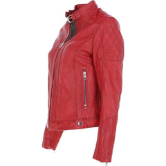 Women's Red  Leather Quilted Classic Jacket