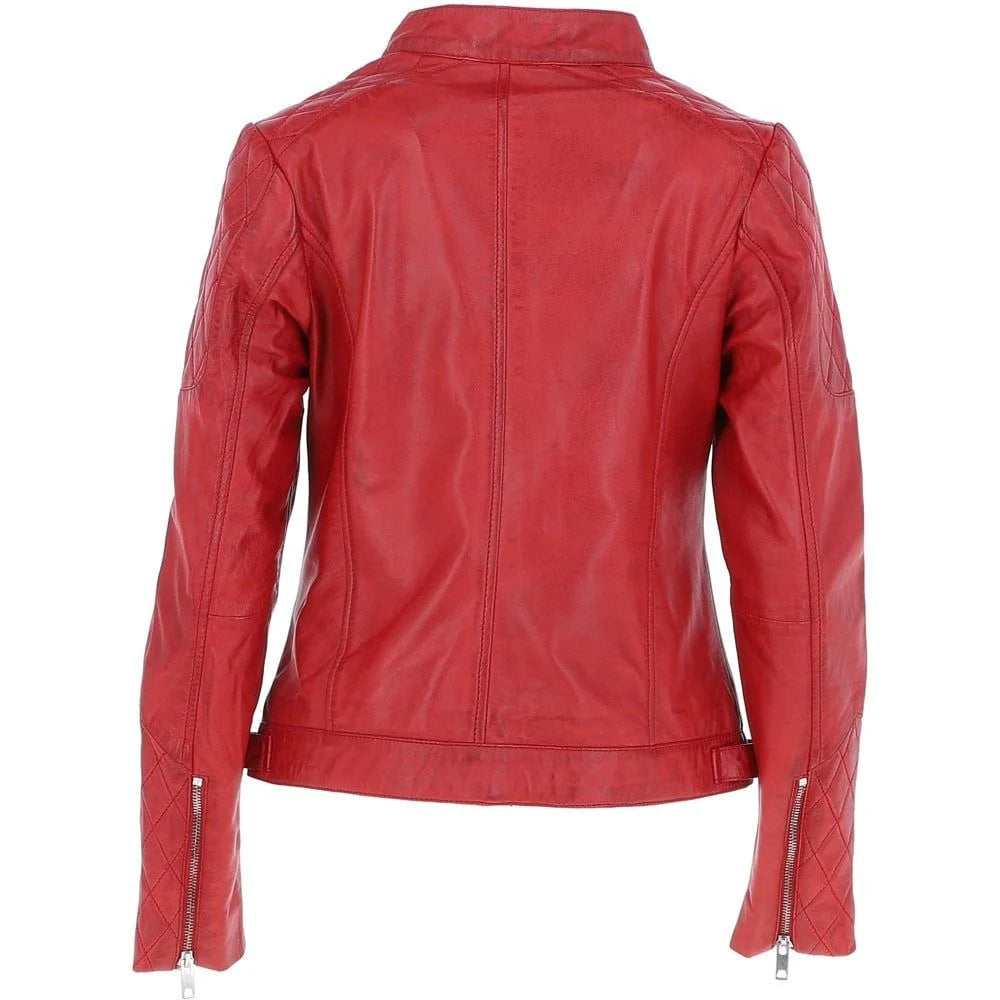 Women's Red  Leather Quilted Classic Jacket