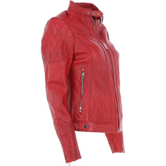 Women's Red  Leather Quilted Classic Jacket