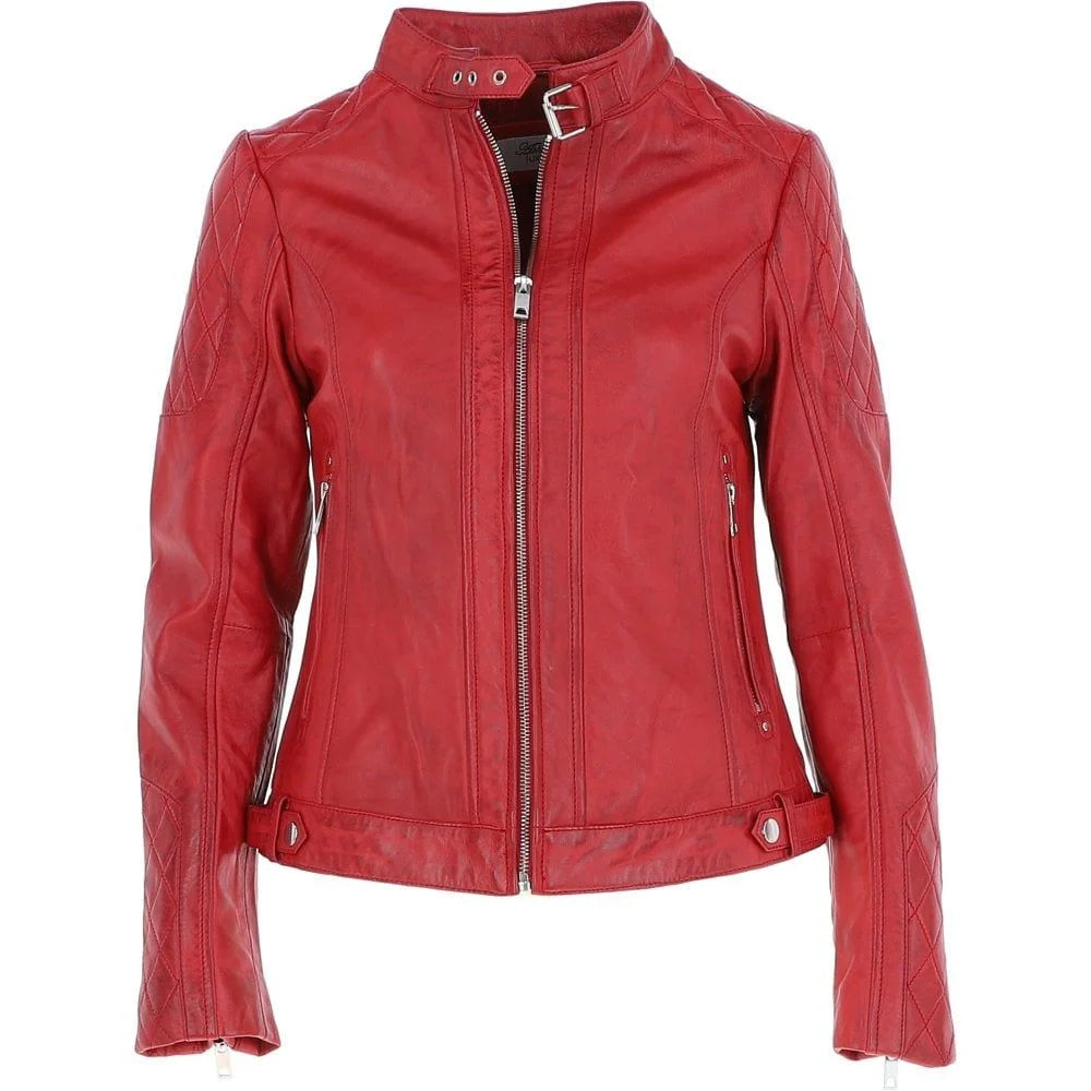 Women's Red  Leather Quilted Classic Jacket