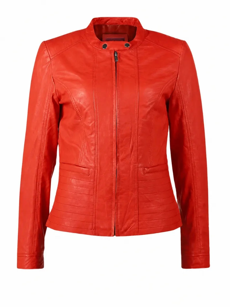 Women’s Red Slim Fit Leather Jacket Front