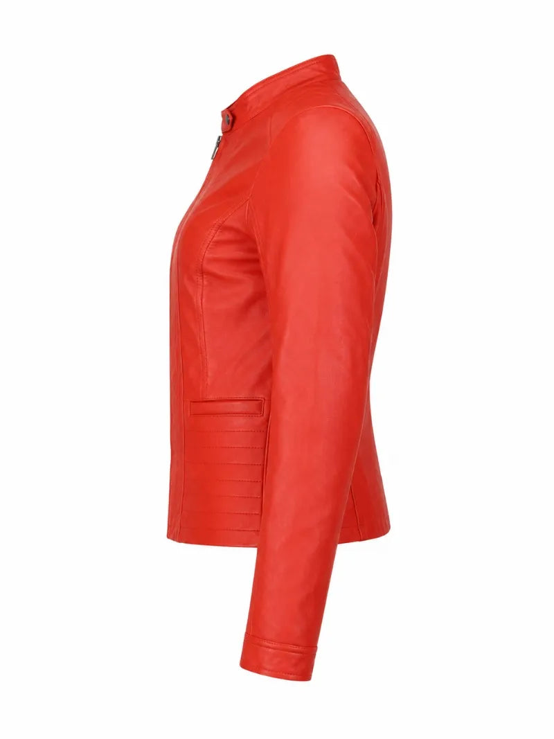 Women’s Red Slim Fit Leather Jacket Left 