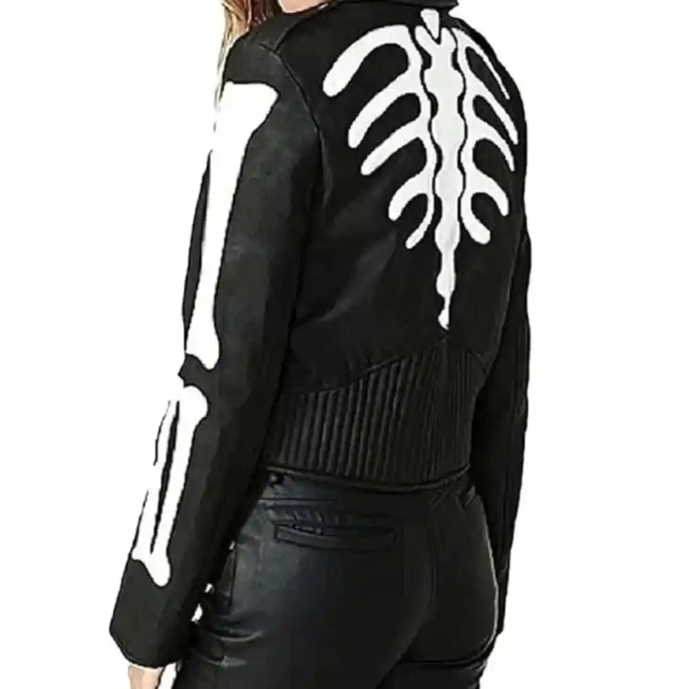 Women’s Skeleton Print Black Leather Jacket