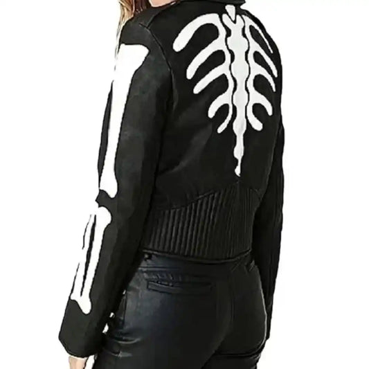 Women’s Skeleton Print Black Leather Jacket