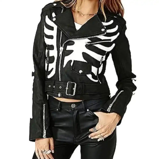 Women’s Skeleton Print Black Leather Jacket