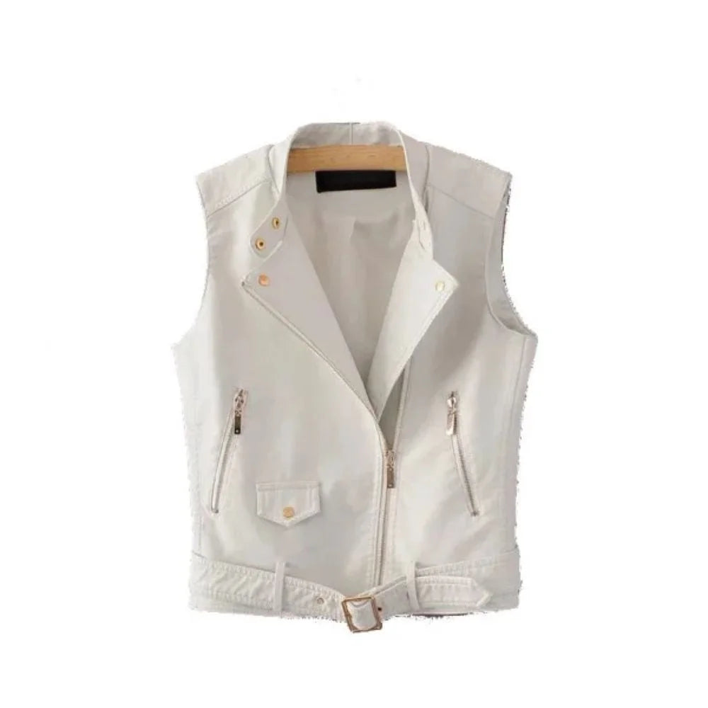 Women's Leather Asymmetrical Vest - Black and White