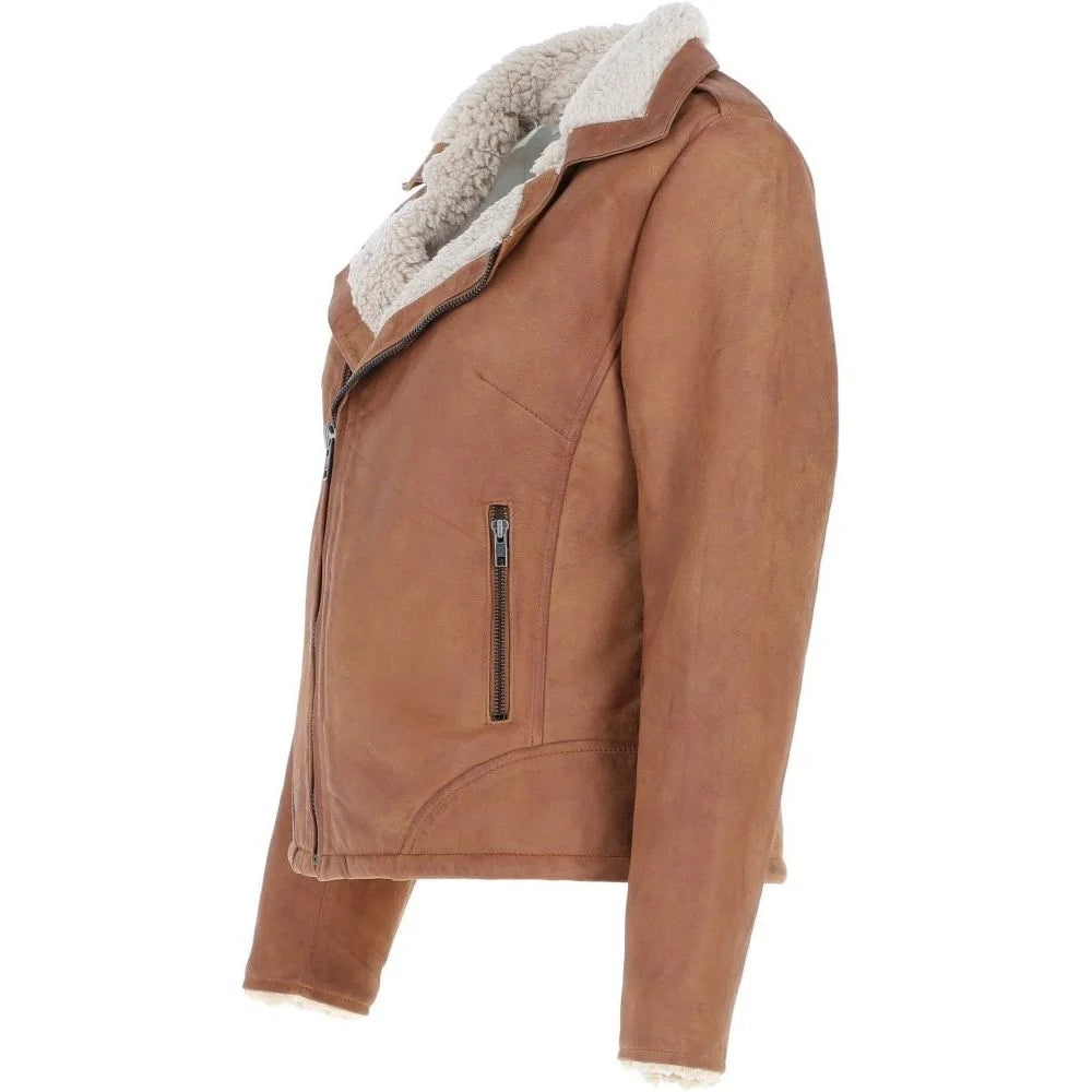 Women's Tan Shearling-Lined Asymmetrical Jacket
