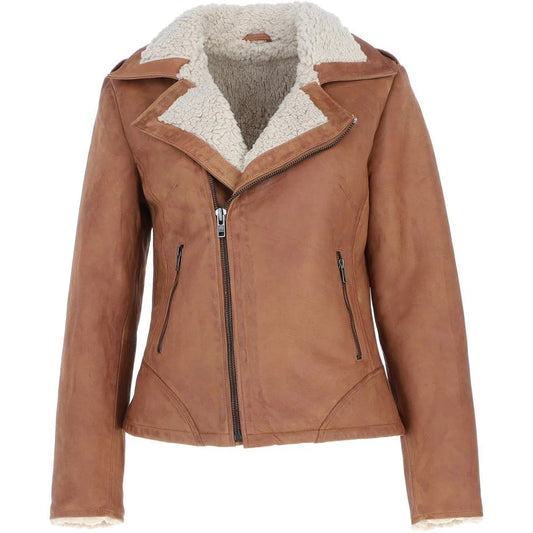 Women's Tan Shearling-Lined Asymmetrical Jacket