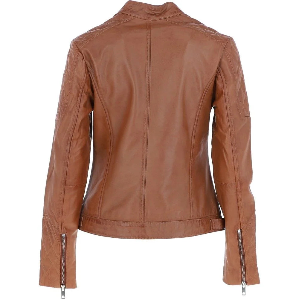 Women's Tan Leather Quilted Classic Jacket