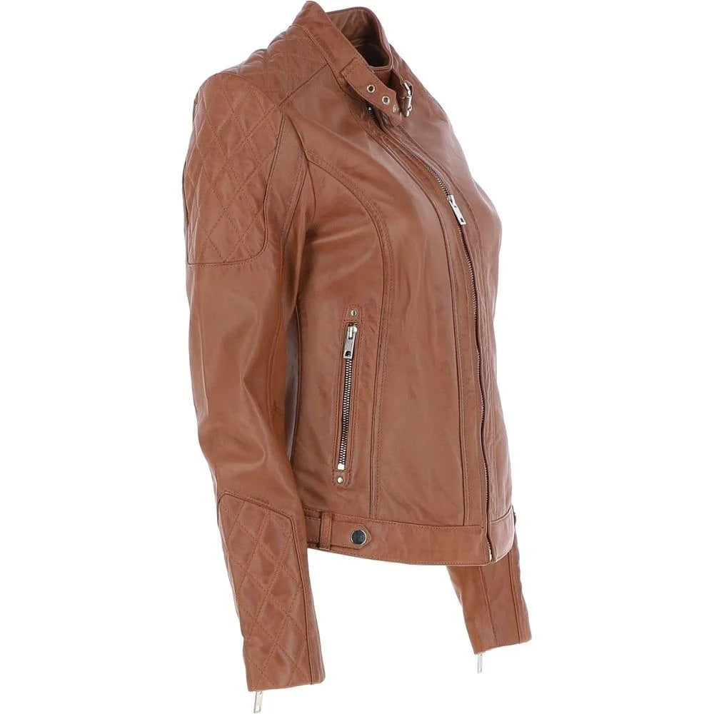 Women's Tan Leather Quilted Classic Jacket