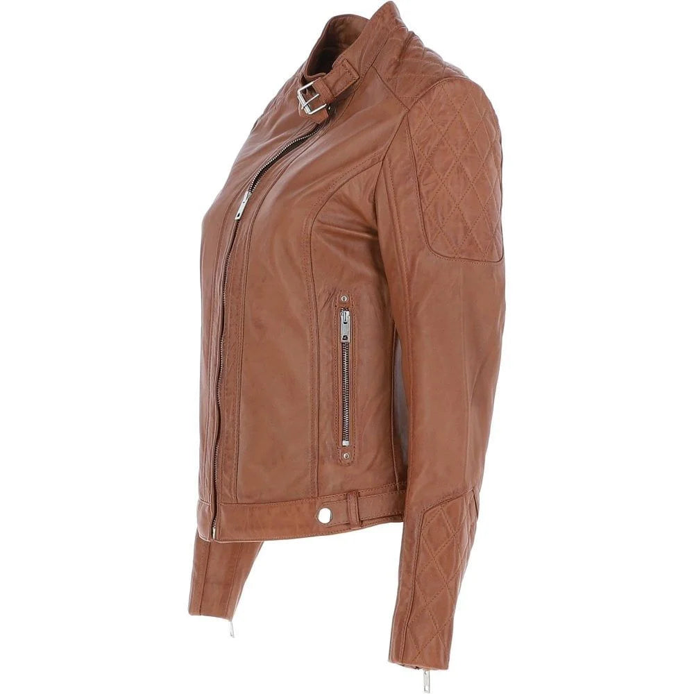 Women's Tan Leather Quilted Classic Jacket