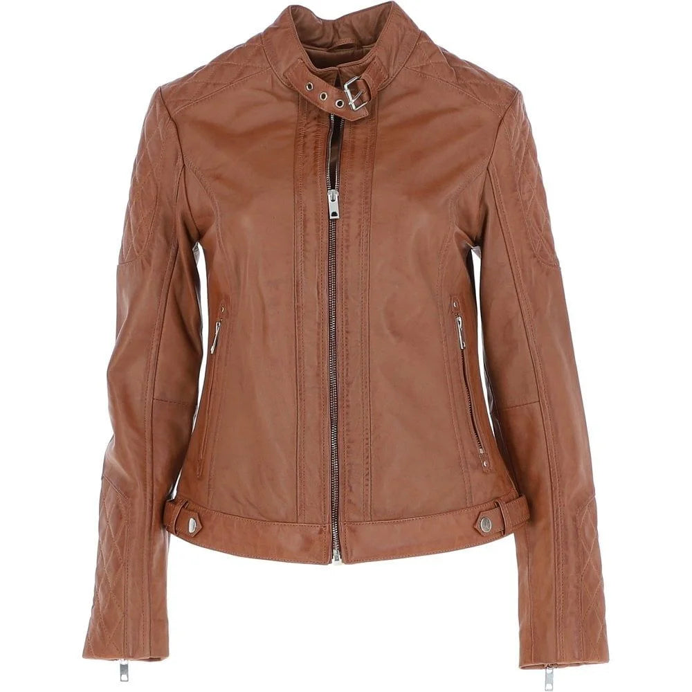 Women's Tan Leather Quilted Classic Jacket