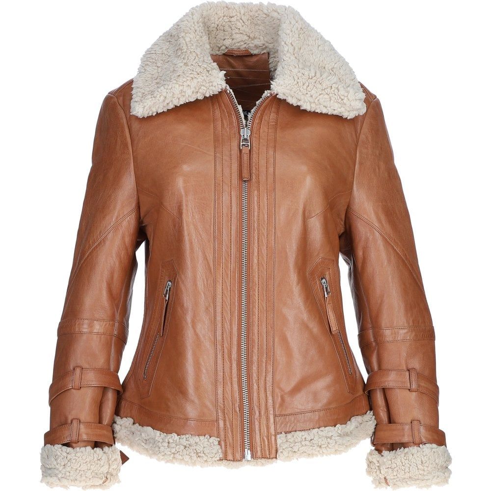 Women's Tan Faux Leather Shearling Aviator Jacket