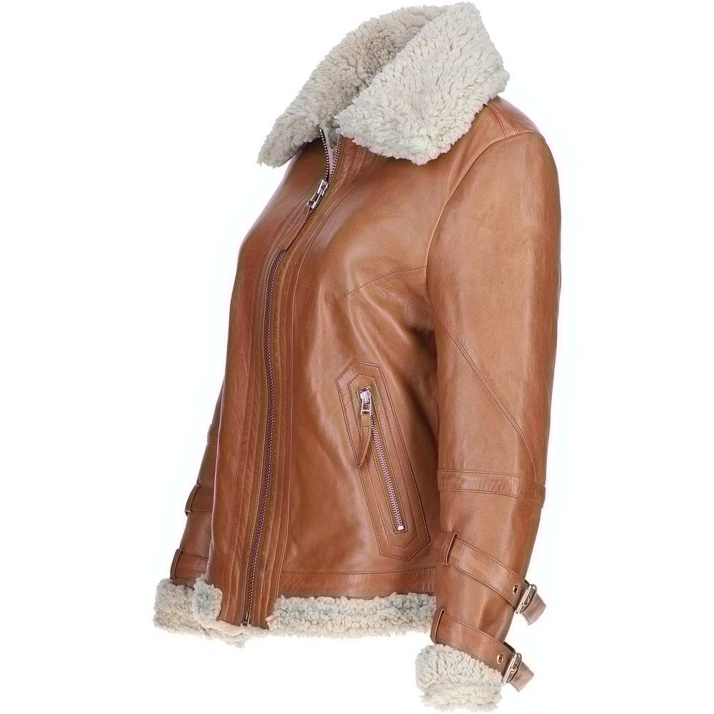 Women's Tan Faux Leather Shearling Aviator Jacket