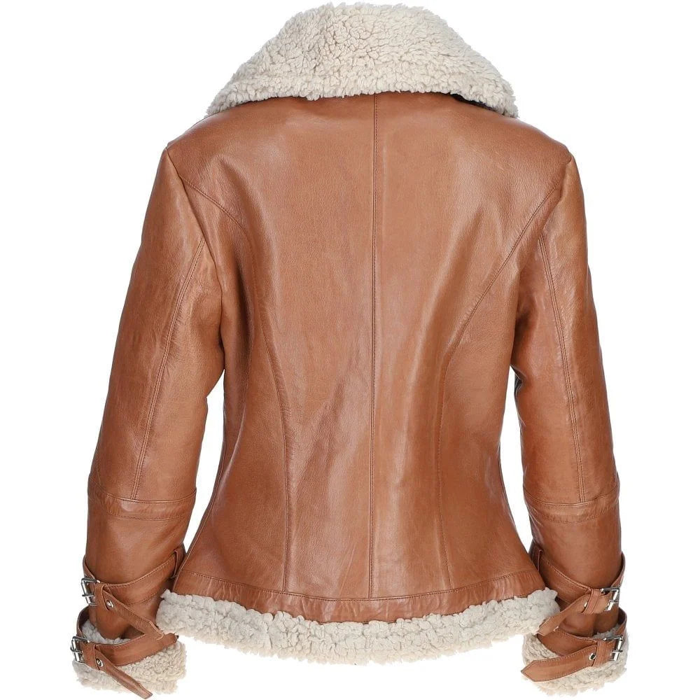 Women's Tan Leather Shearling Flying Jacket
