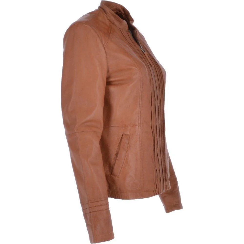 Women's Tan Front Pleated Leather Jacket