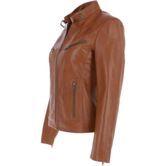Women's Tan High Collar Leather Jacket