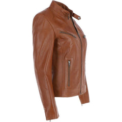 Women's Tan High Collar Leather Jacket