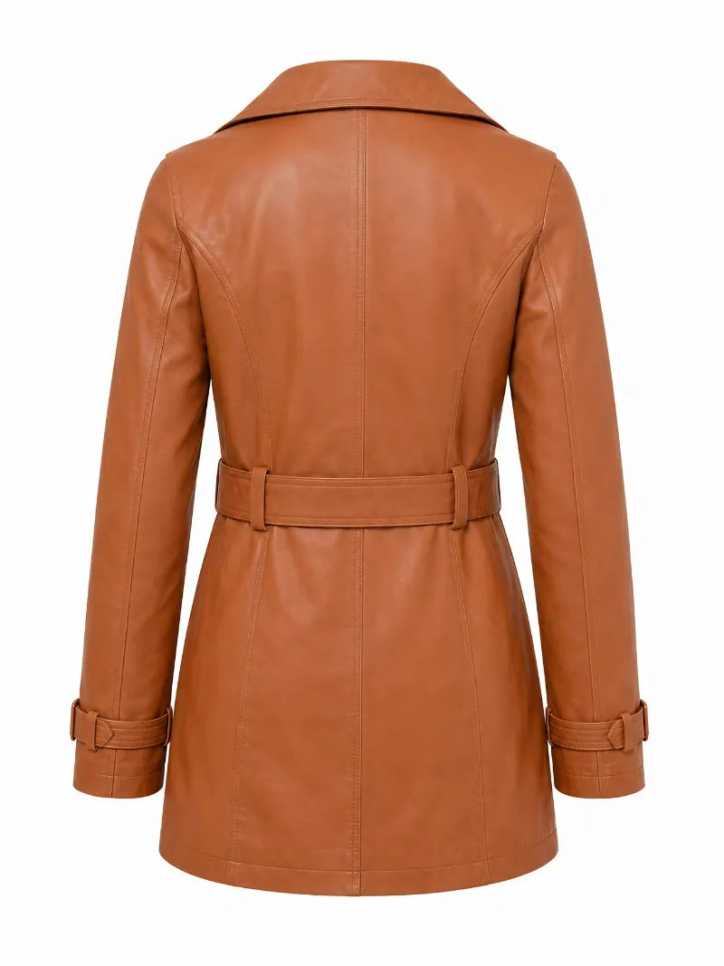 Women’s Tan Leather Belted Trench Coat