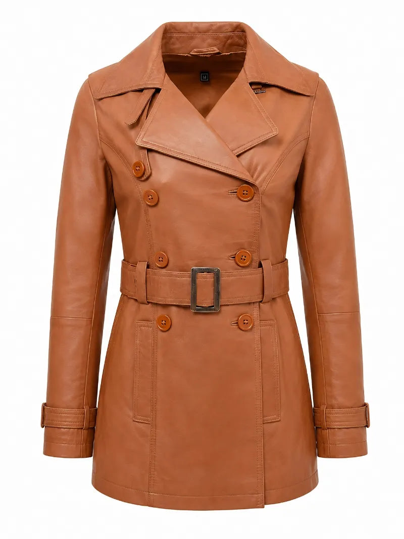 Women’s Tan Leather Belted Trench Coat