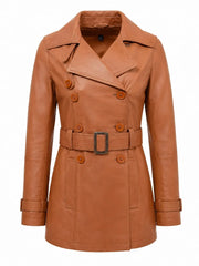 Women’s Tan Leather Belted Trench Coat