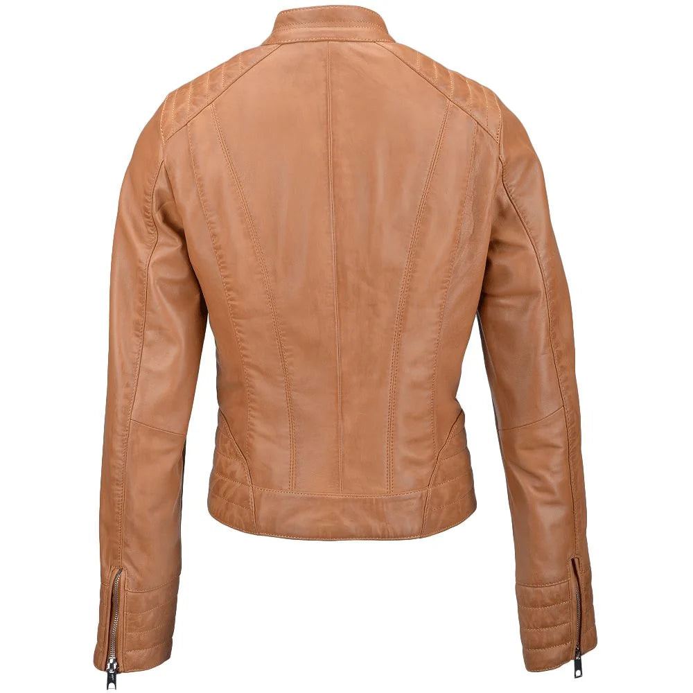 Women's Tan Quilted Details Leather Jacket