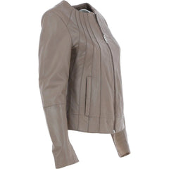Women's Taupe Leather Zip-Up Jacket