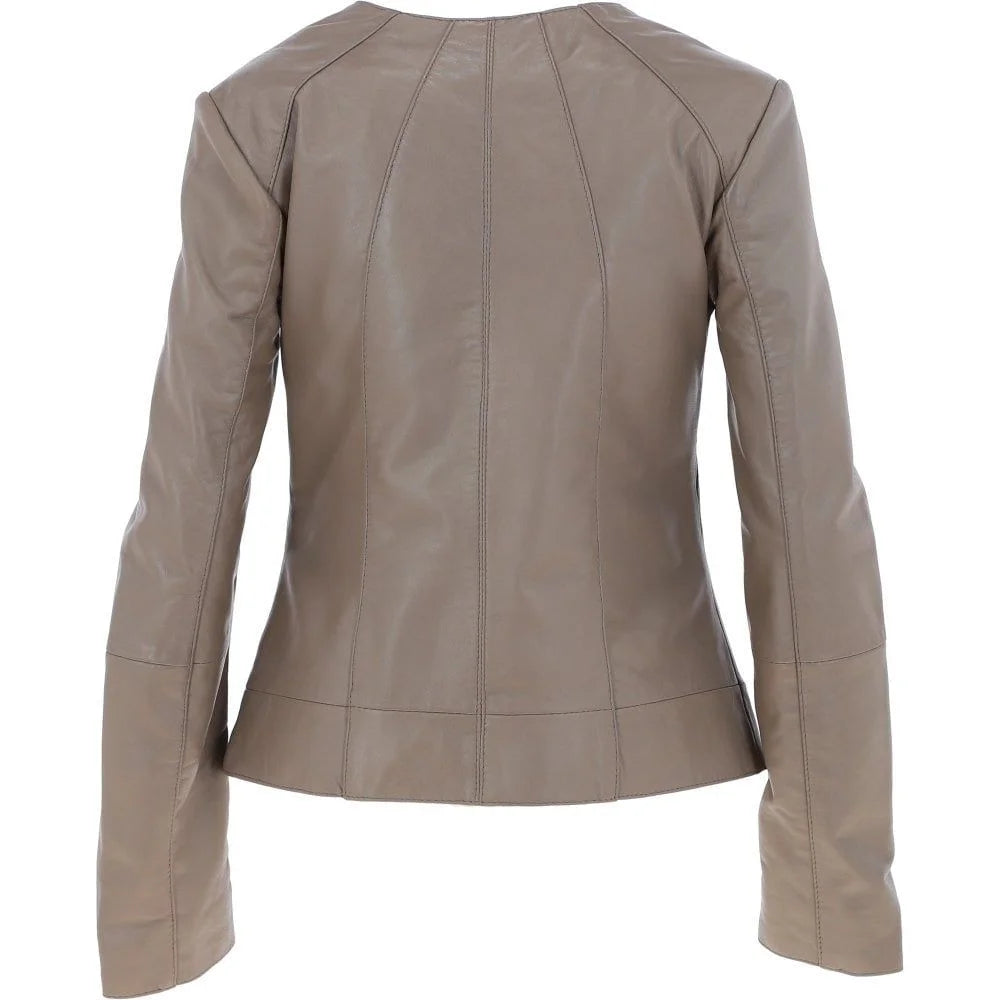 Women's Taupe Leather Zip-Up Jacket