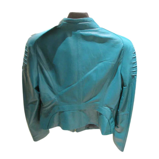 Women’s Teal Zippered Leather Jacket with Stand Collar