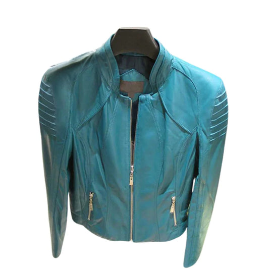 Women’s Teal Zippered Leather Jacket with Stand Collar