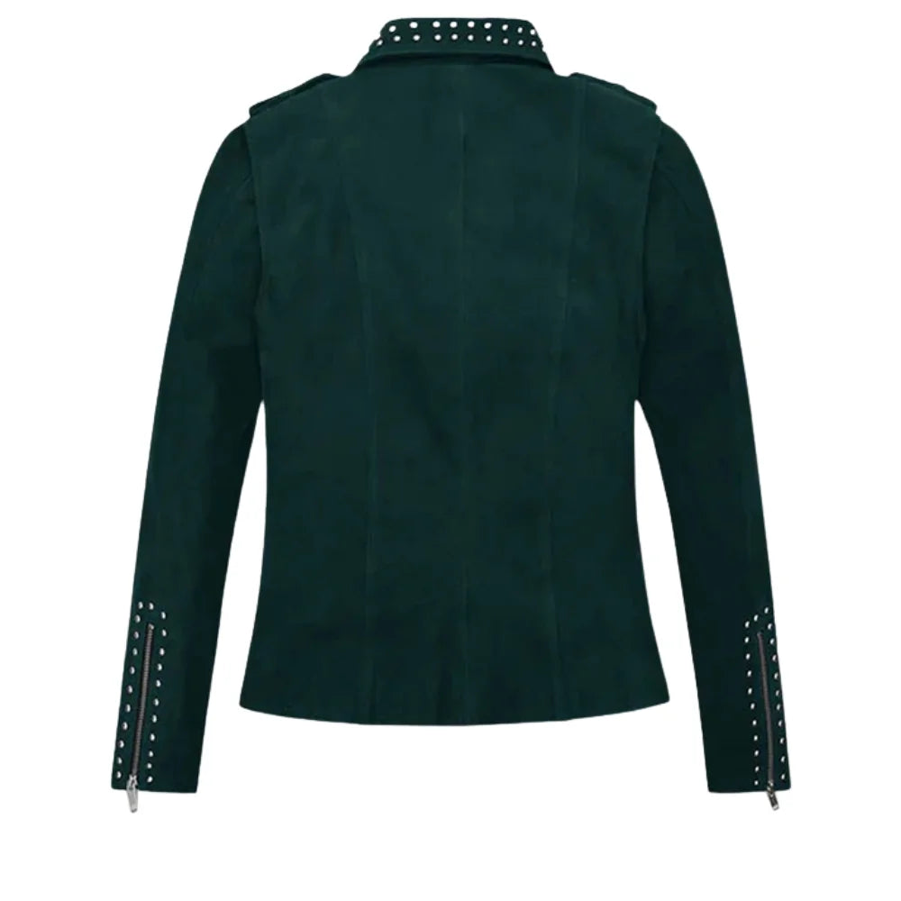 Women’s Trendy Green Leather Jacket with Zipper Detail