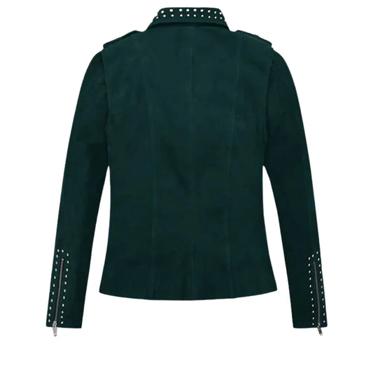 Women’s Trendy Green Leather Jacket with Zipper Detail