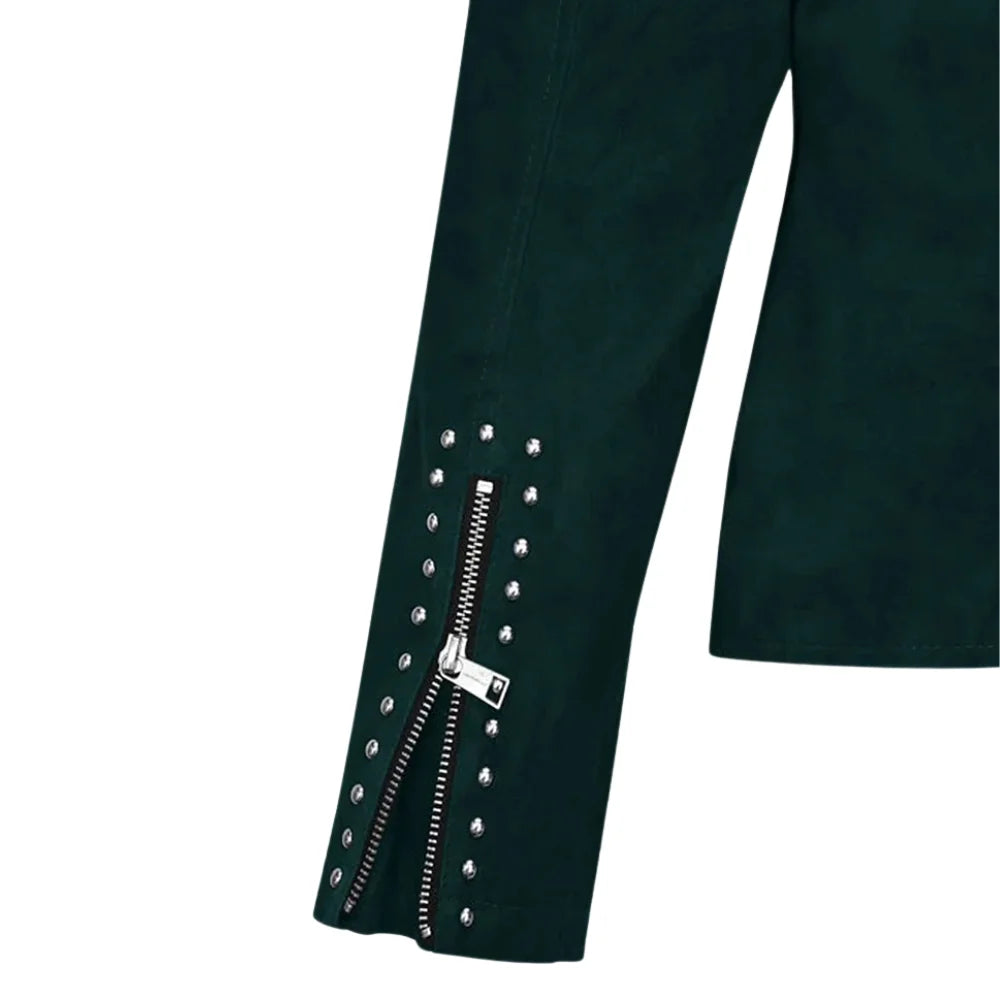 Women’s Trendy Green Leather Jacket with Zipper Detail