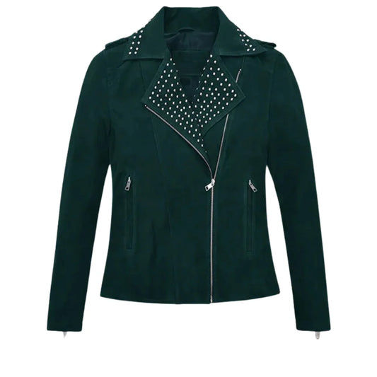 Women’s Trendy Green Leather Jacket with Zipper Detail
