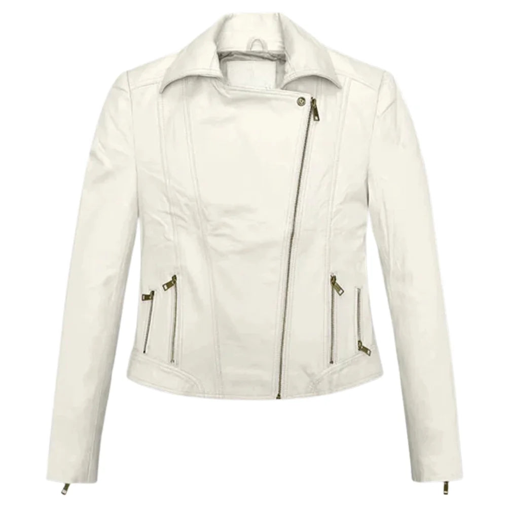 Women’s White Leather Jacket with Sleek Detailing