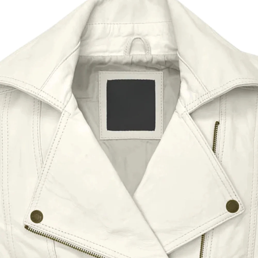 Women’s White Leather Jacket with Sleek Detailing
