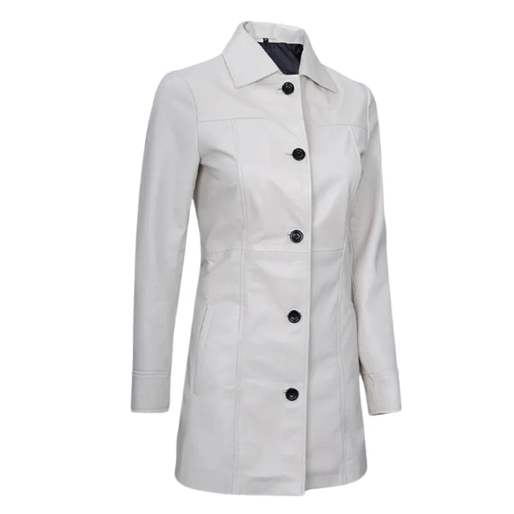Women's White Leather Trench Coat